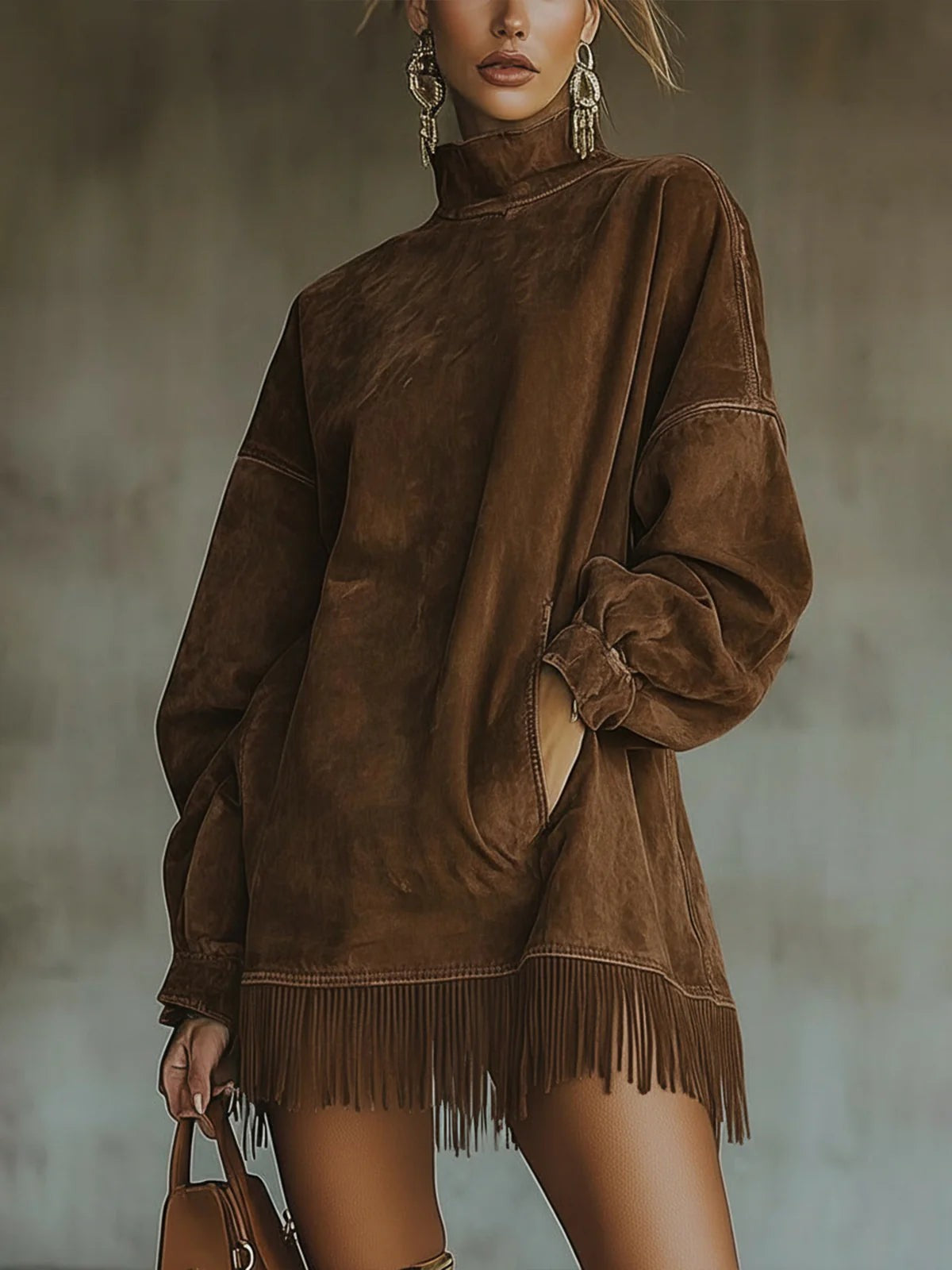 Suede Jurk Dames | Coltrui Mini Jurk Met Franjes-Boutique Moda