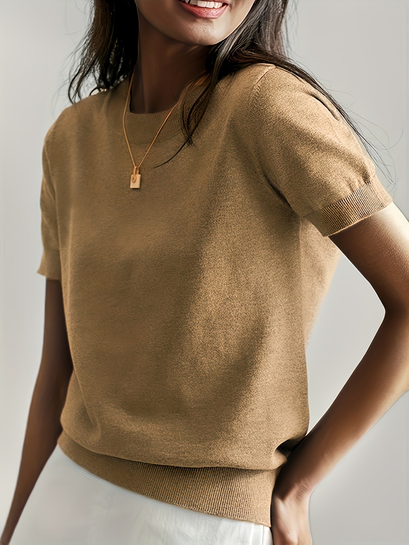 Sweater met korte mouwen - Kasjmier - Ronde hals - Gebreid T-shirt - Dameskleding-Boutique Moda