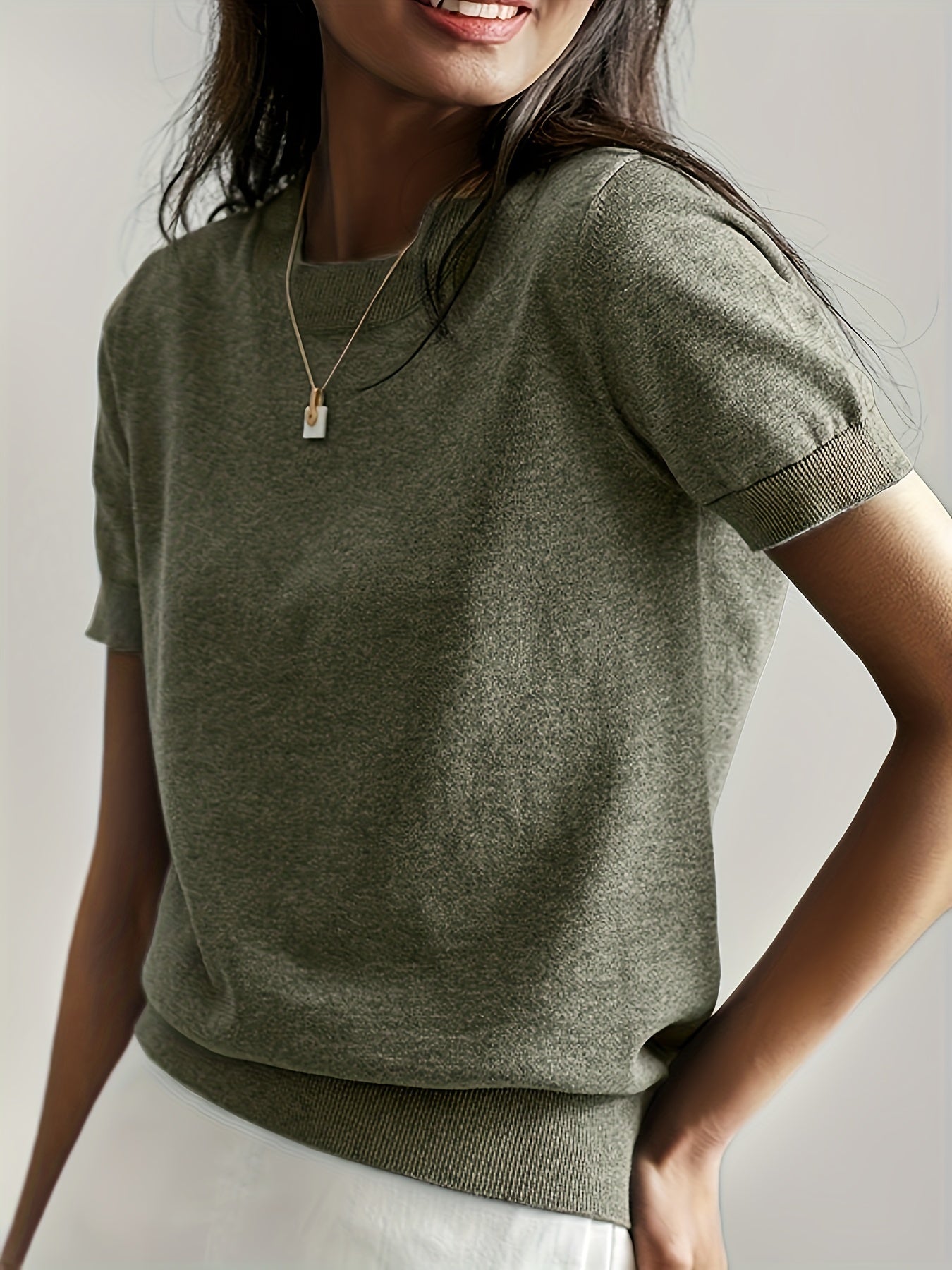 Sweater met korte mouwen - Kasjmier - Ronde hals - Gebreid T-shirt - Dameskleding-Boutique Moda
