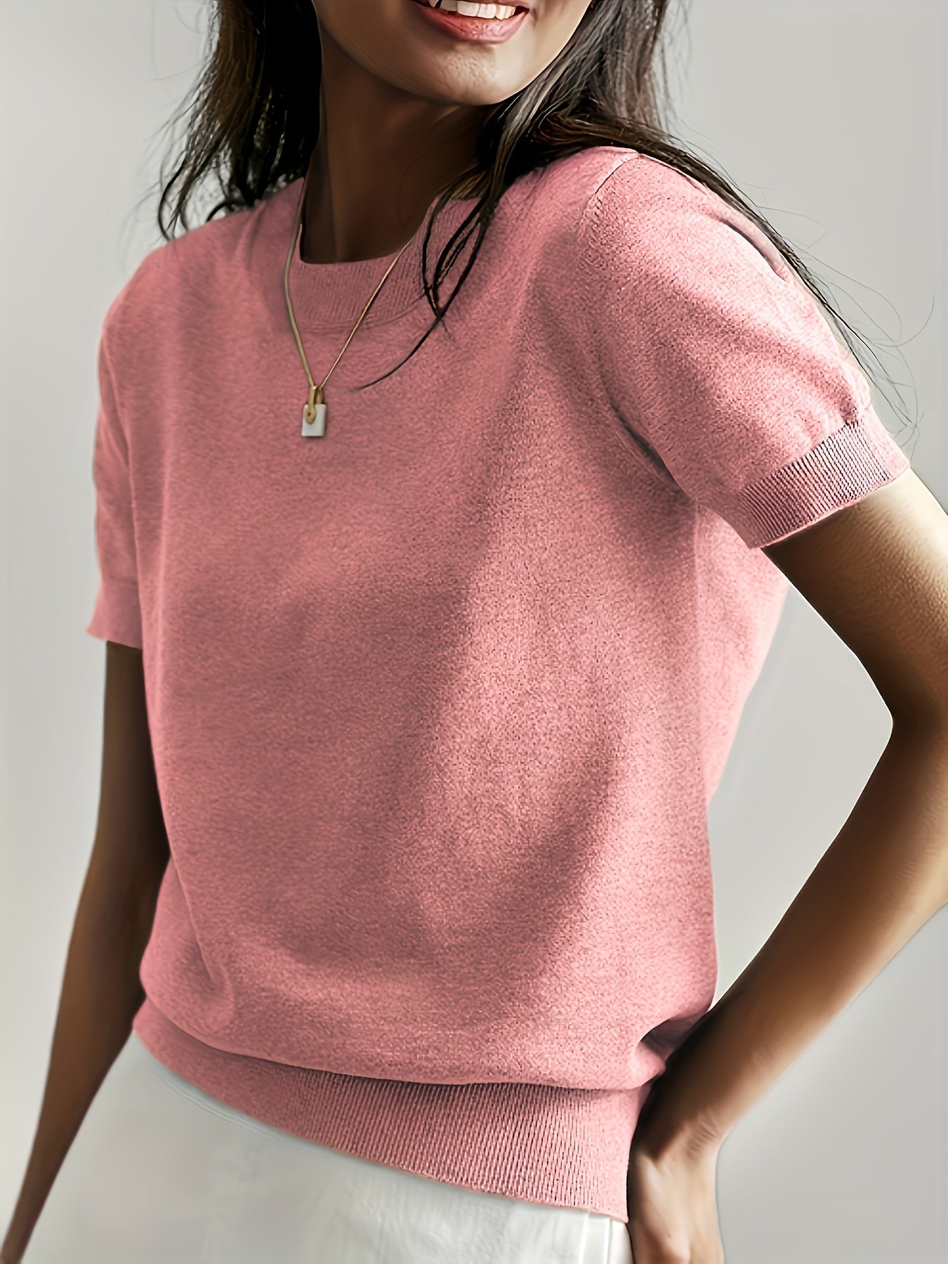 Sweater met korte mouwen - Kasjmier - Ronde hals - Gebreid T-shirt - Dameskleding-Boutique Moda