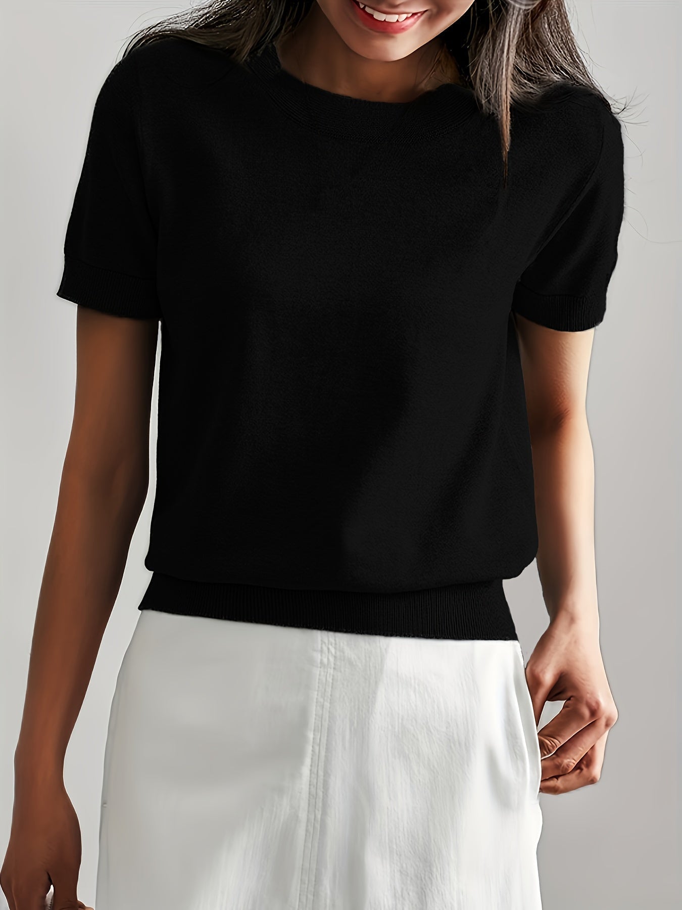 Sweater met korte mouwen - Kasjmier - Ronde hals - Gebreid T-shirt - Dameskleding-Boutique Moda