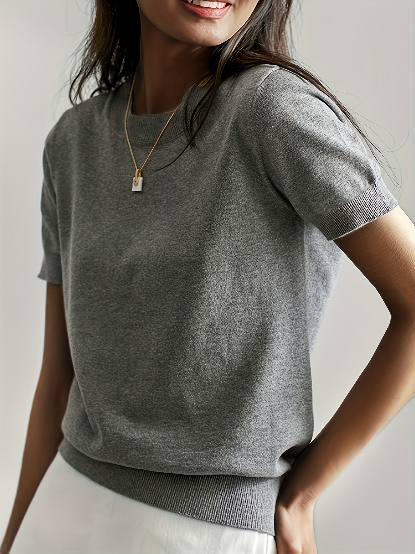 Sweater met korte mouwen - Kasjmier - Ronde hals - Gebreid T-shirt - Dameskleding-Boutique Moda