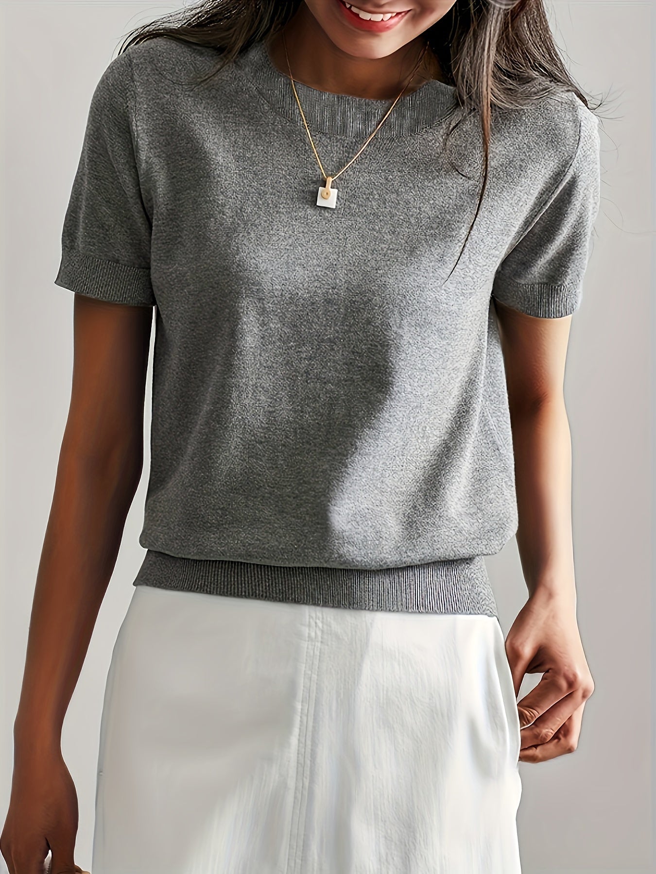 Sweater met korte mouwen - Kasjmier - Ronde hals - Gebreid T-shirt - Dameskleding-Boutique Moda