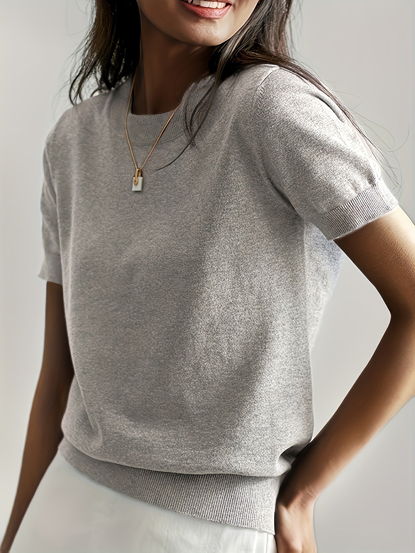 Sweater met korte mouwen - Kasjmier - Ronde hals - Gebreid T-shirt - Dameskleding-Boutique Moda