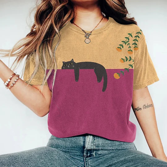 T-shirt met kattenprint | Ronde hals | Relaxed fit | Gewassen T-shirt | Dames-T-shirt-Boutique Moda