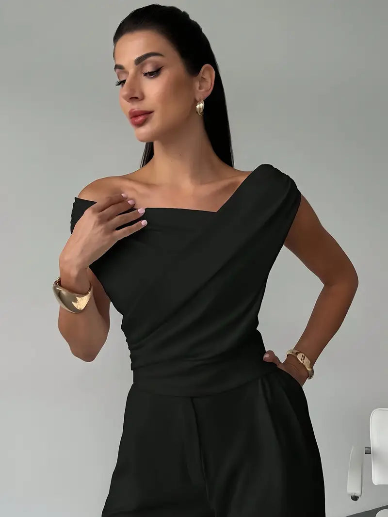 Top | Gedrapeerde schouder | Elegant asymmetrisch-Boutique Moda