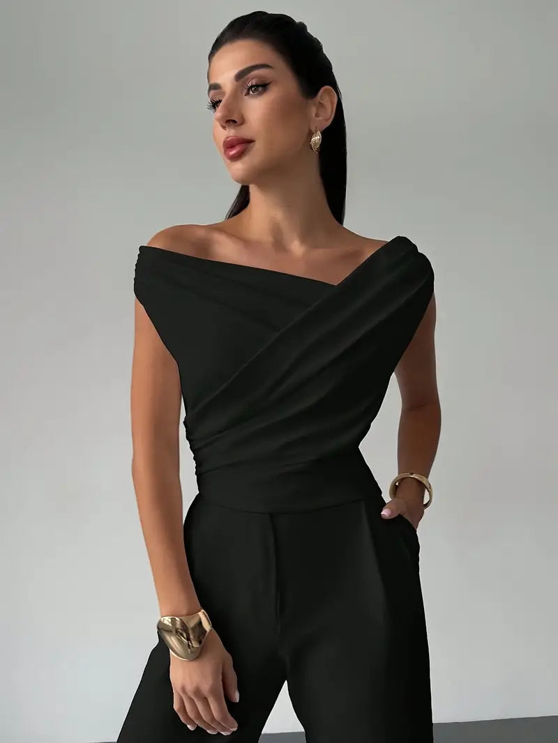 Top | Gedrapeerde schouder | Elegant asymmetrisch-Boutique Moda
