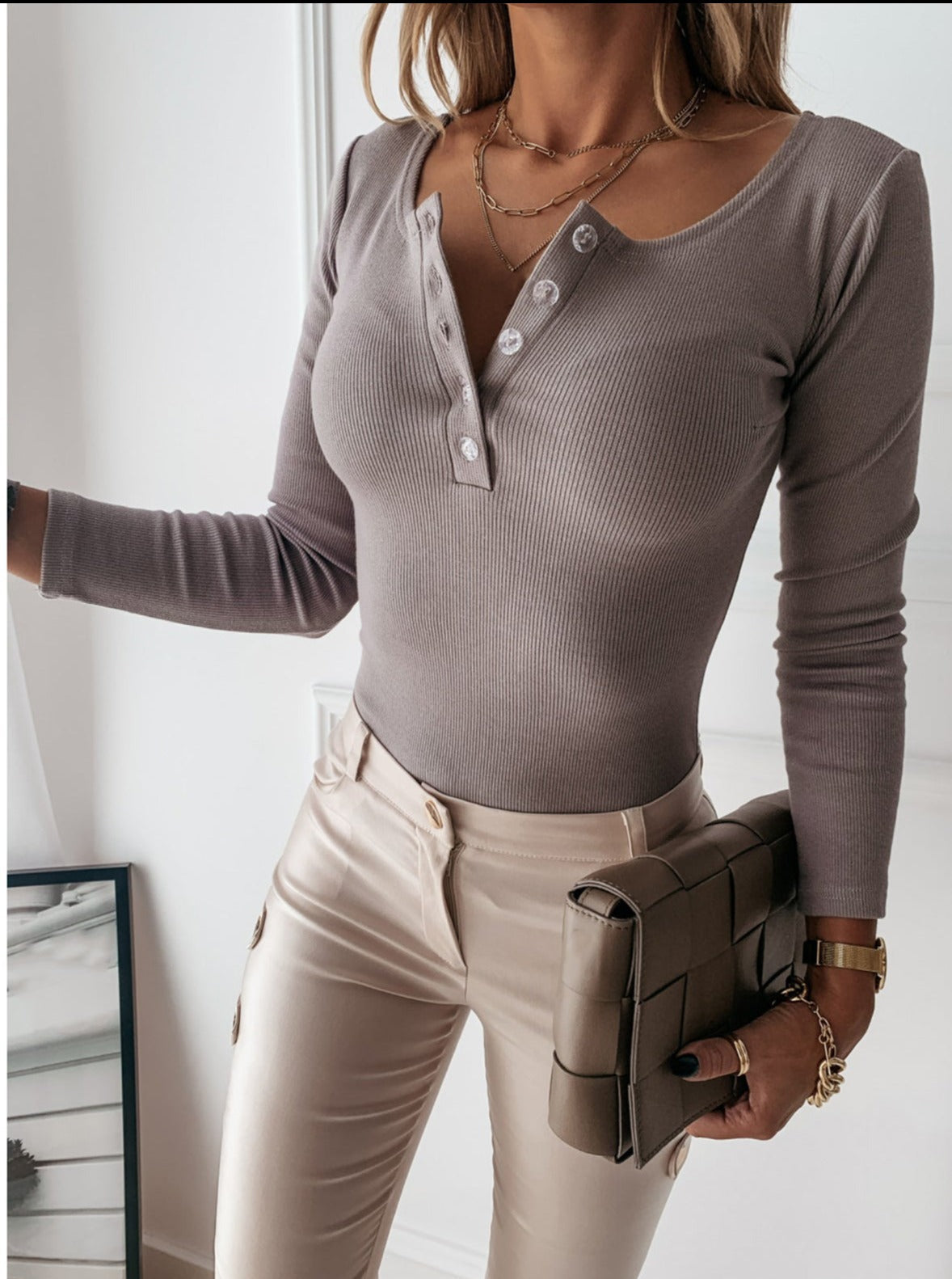 Top met lange mouwen - Geribd - Knoop - T-shirt met lange mouwen - Dameskleding-Boutique Moda