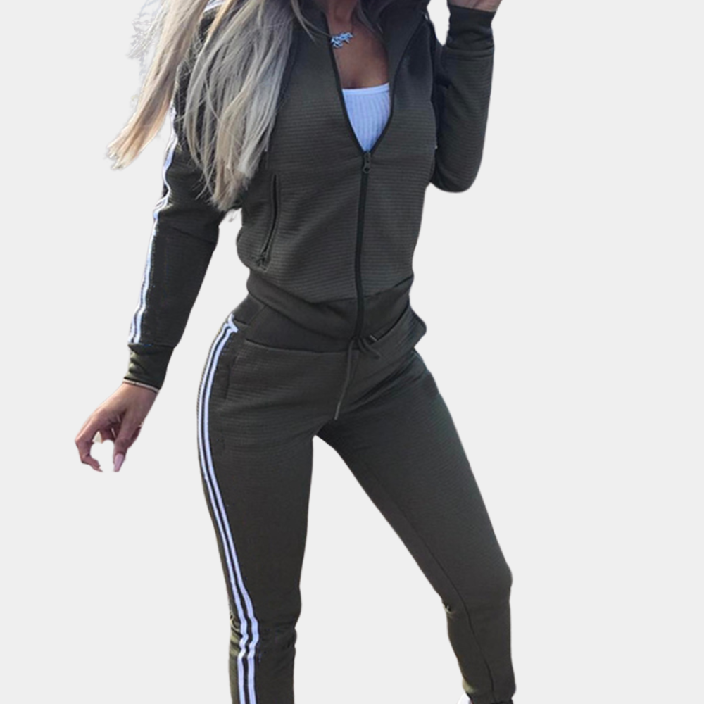 Trainingspak - Tweedelige joggingset voor dames met capuchon, strepen en rits-Boutique Moda