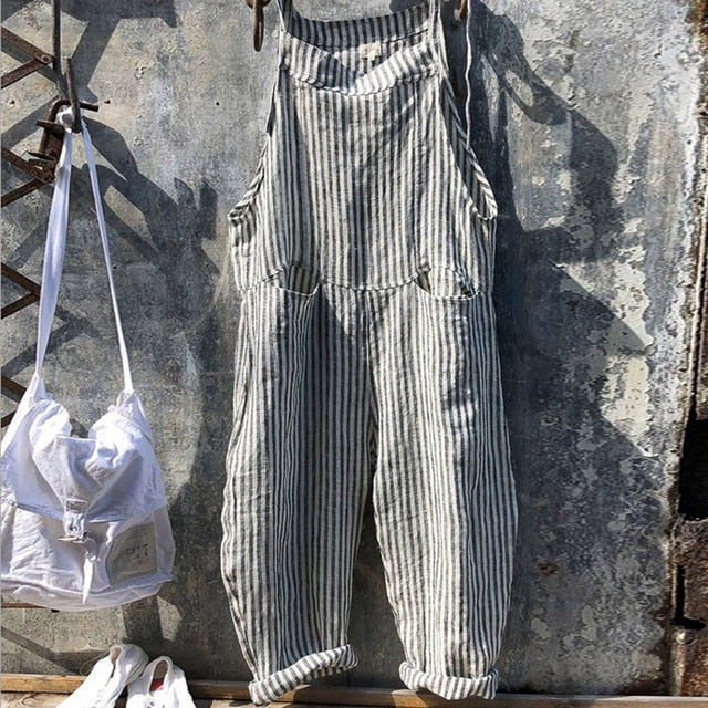 Tuinbroek Dames | Linnenlook Salopette | Mouwloze Jumpsuit met Strikbandjes-Boutique Moda