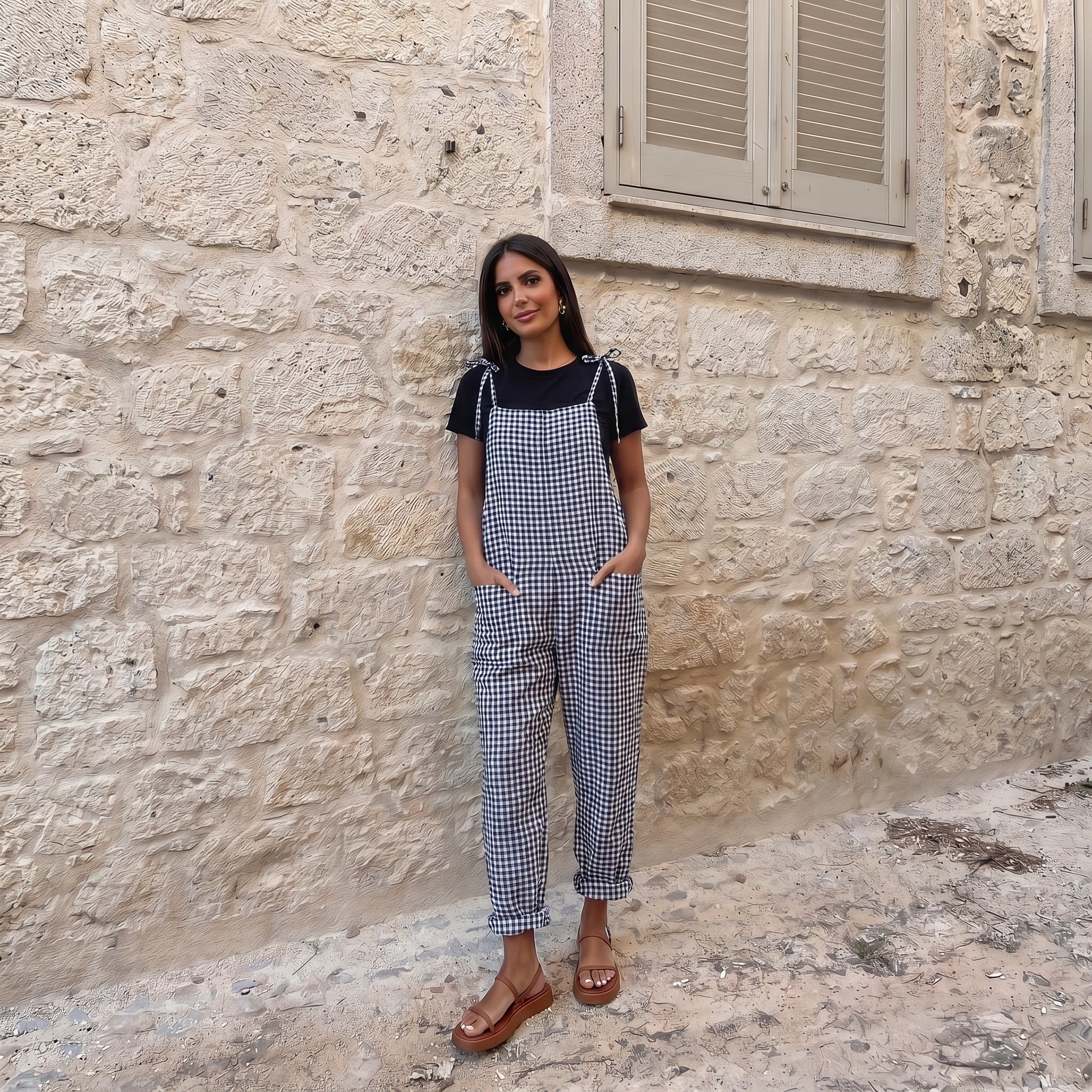 Tuinbroek Dames | Linnenlook Salopette | Mouwloze Jumpsuit met Strikbandjes-Boutique Moda