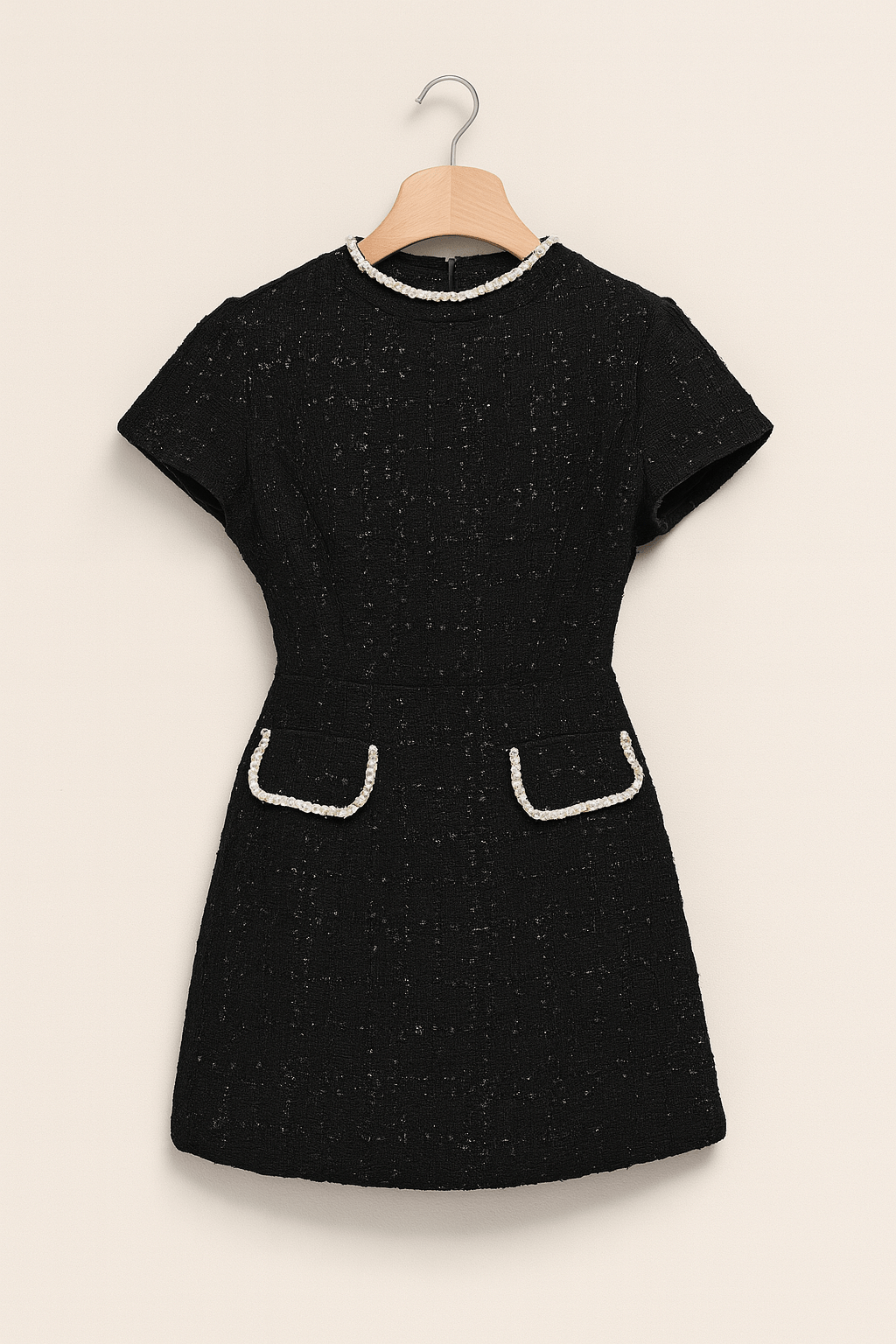 Tweed Jurk - Korte Mouw - Klepzakken - Mini Jurk - Elegante Jurk-Boutique Moda