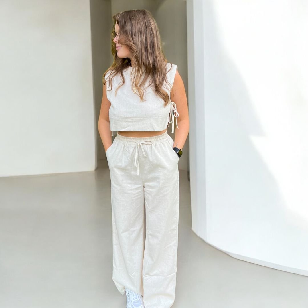 Tweedelige Set Dames | Linnen Crop Top | Wijde Broek-Boutique Moda