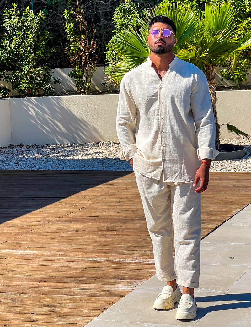 Tweedelige Set - Linnen overhemd met knopen en broek voor mannen-Boutique Moda