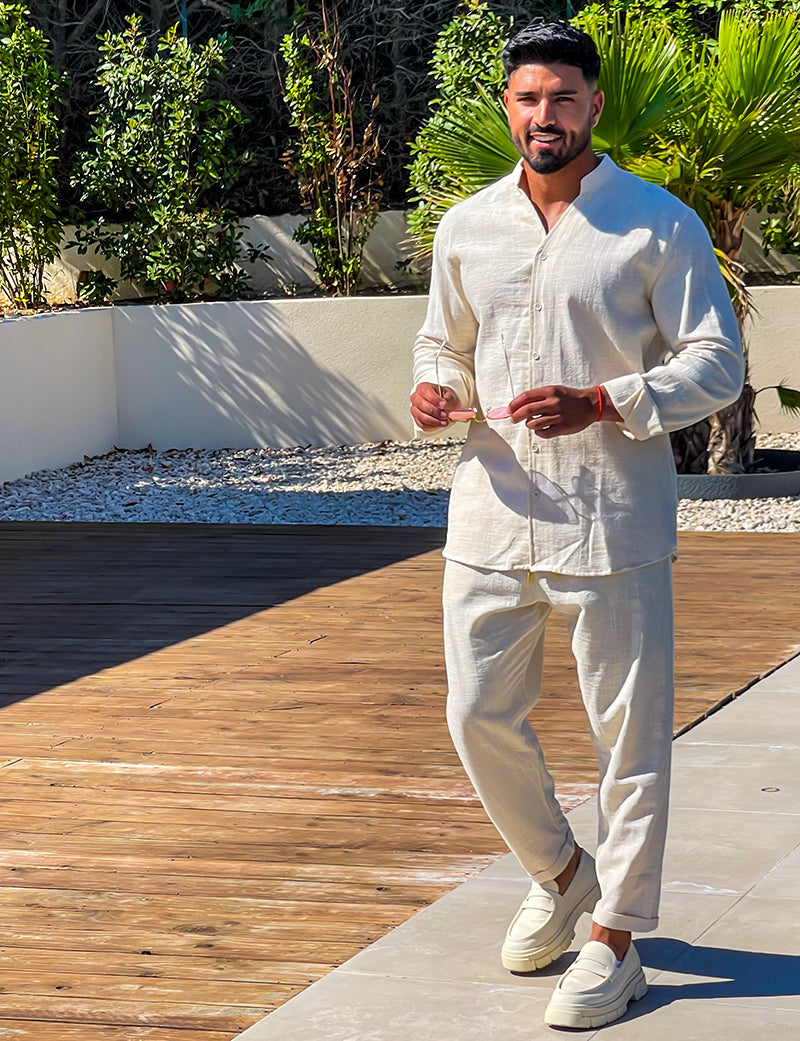 Tweedelige Set - Linnen overhemd met knopen en broek voor mannen-Boutique Moda