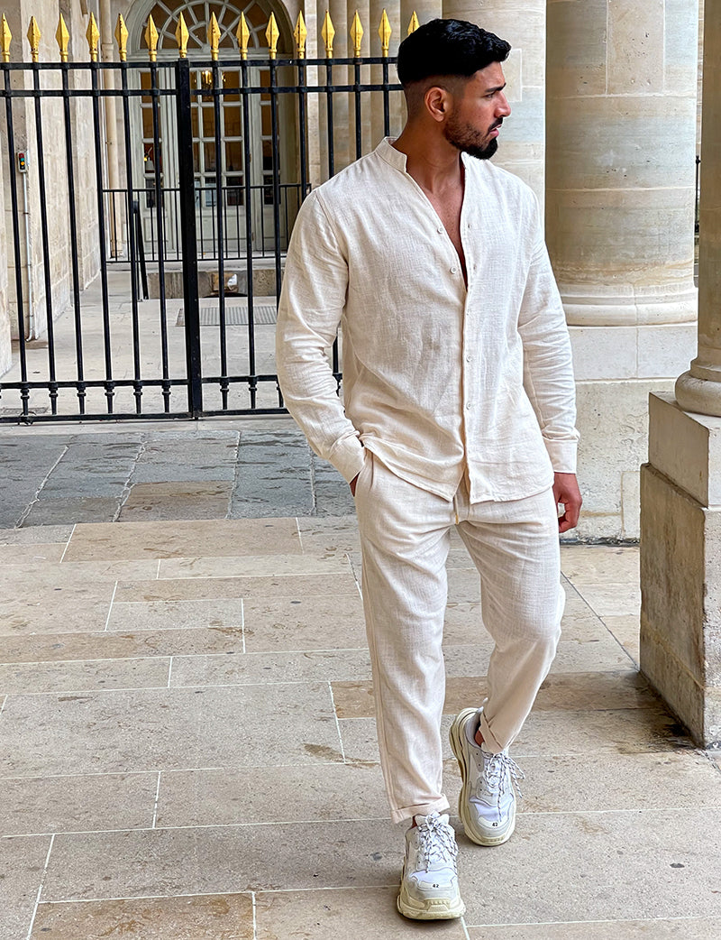 Tweedelige Set - Linnen overhemd met knopen en broek voor mannen-Boutique Moda