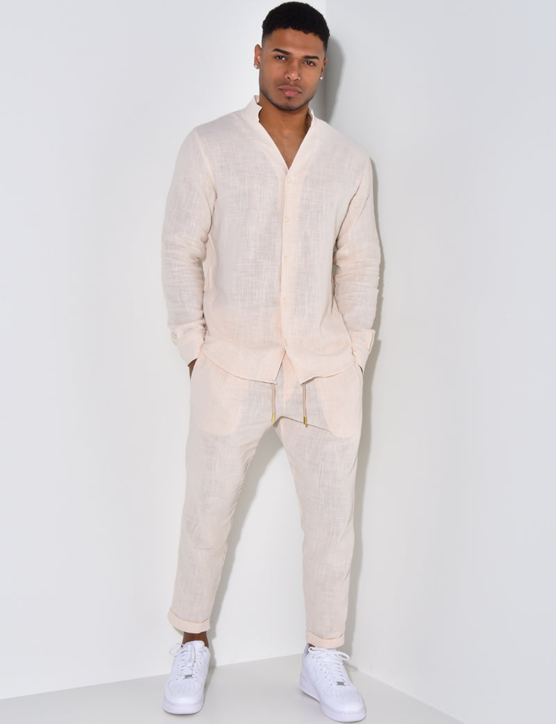 Tweedelige Set - Linnen overhemd met knopen en broek voor mannen-Boutique Moda
