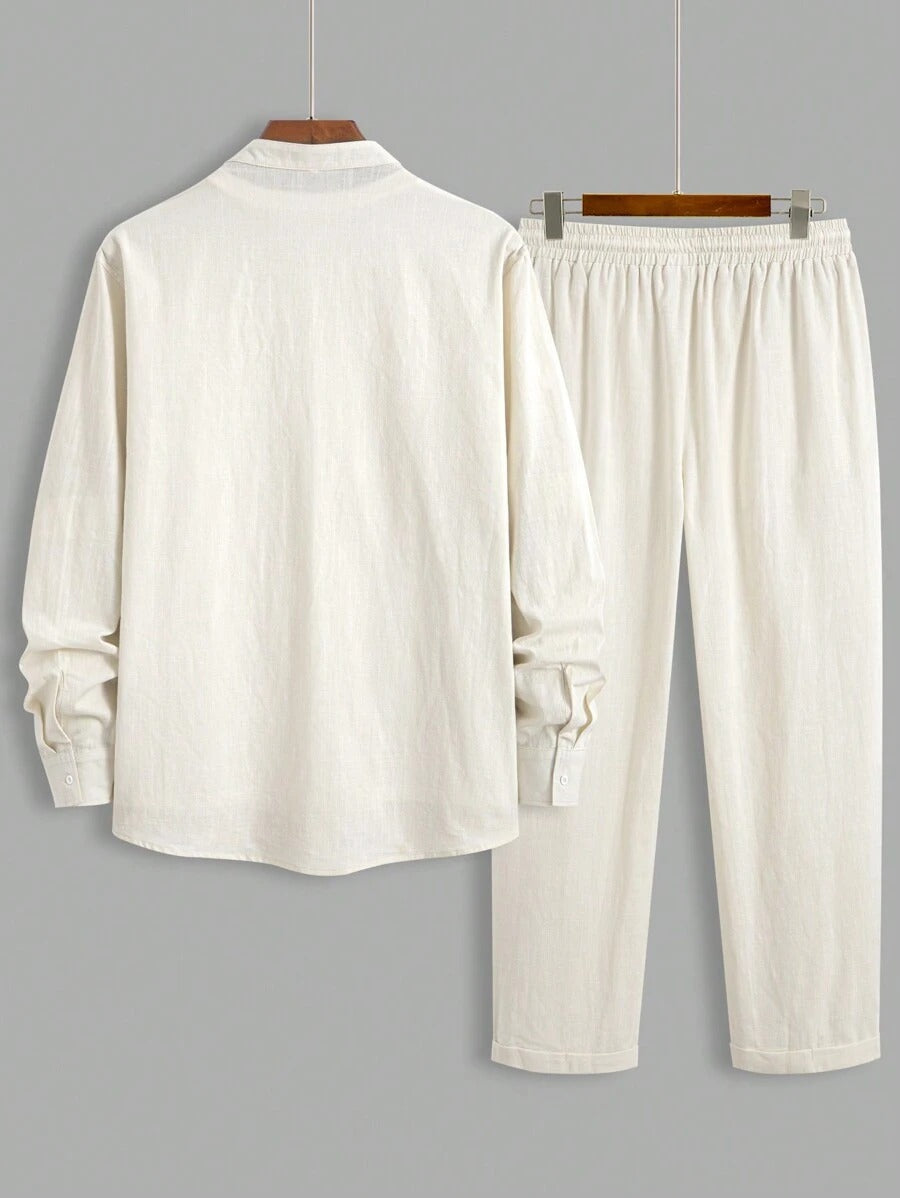 Tweedelige Set - Linnen overhemd met knopen en broek voor mannen-Boutique Moda