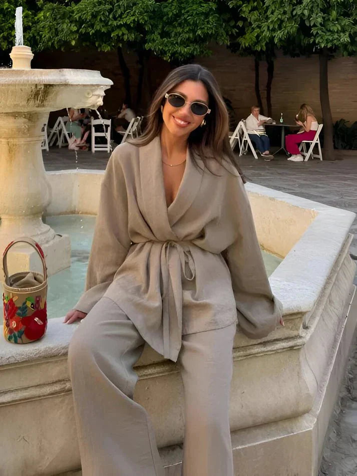 Tweedelige set - Dames Kimono met losse pasvorm en wijde broek in één set-Boutique Moda