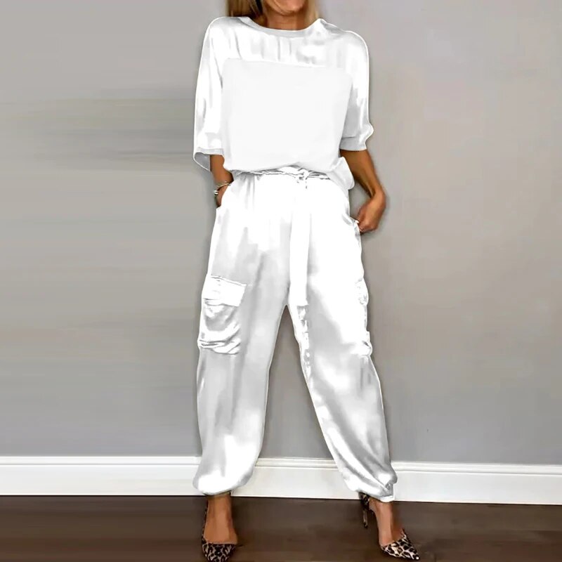 Tweedelige set | Satijn | Los model | Cargo Broek | Dameskleding-Boutique Moda