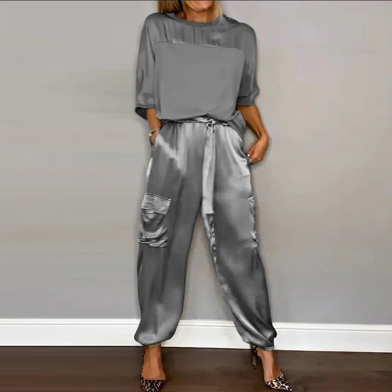 Tweedelige set | Satijn | Los model | Cargo Broek | Dameskleding-Boutique Moda
