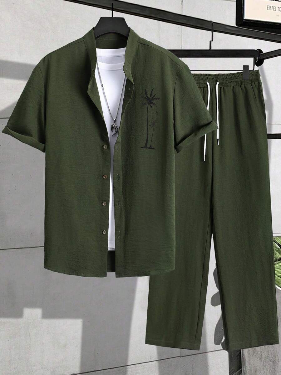 Tweedelige set – Set met herenoverhemd met korte mouwen en broek met trekkoord-Boutique Moda