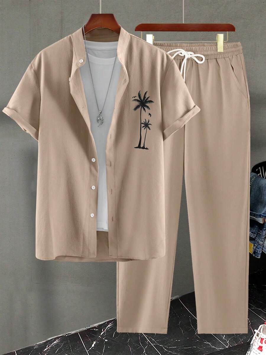 Tweedelige set – Set met herenoverhemd met korte mouwen en broek met trekkoord-Boutique Moda