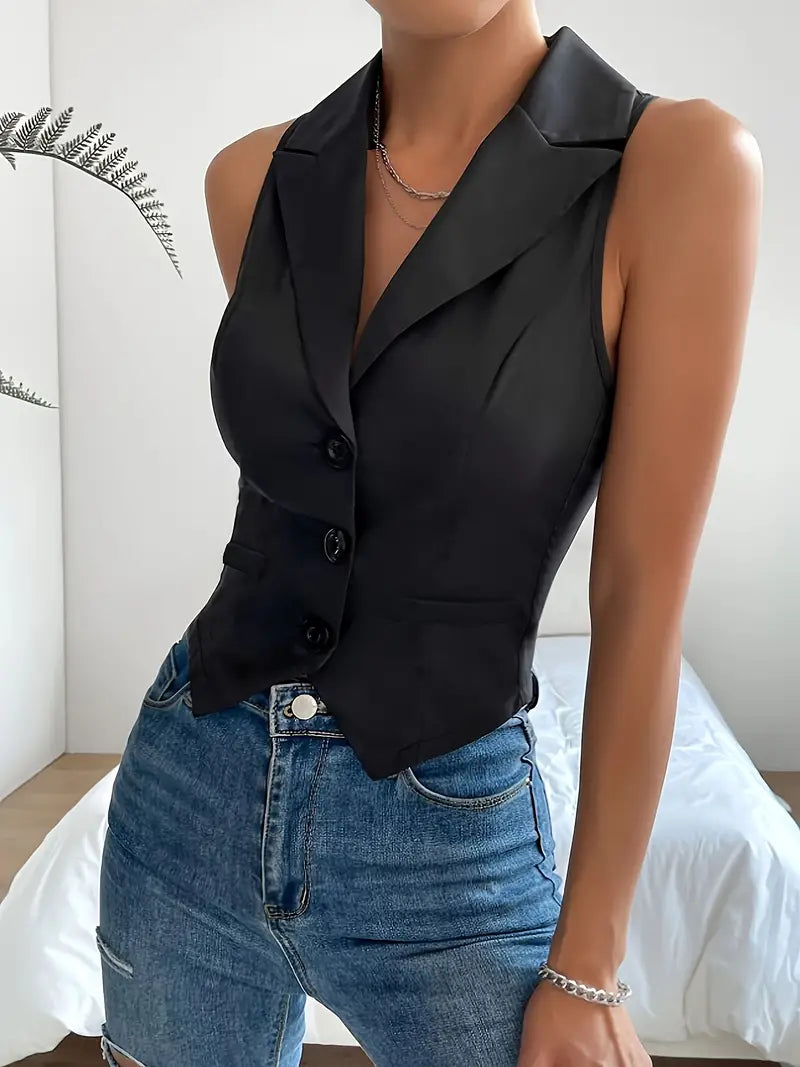 Vest Top - Enkelborstig - Mouwloos - Zwart Vest - Damesvest-Boutique Moda