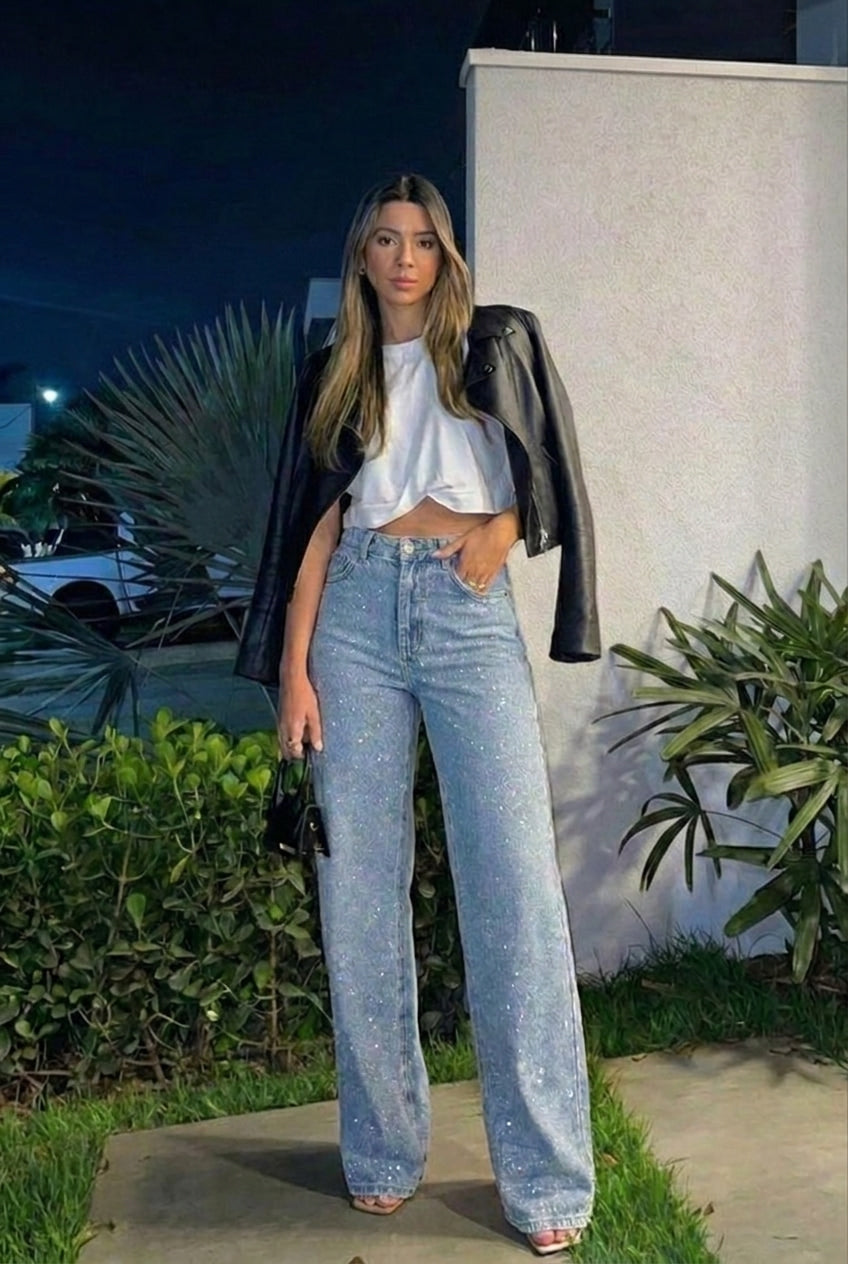 Wide leg jeans dames | Glitter spijkerbroek met hoge taille | Strass-Boutique Moda