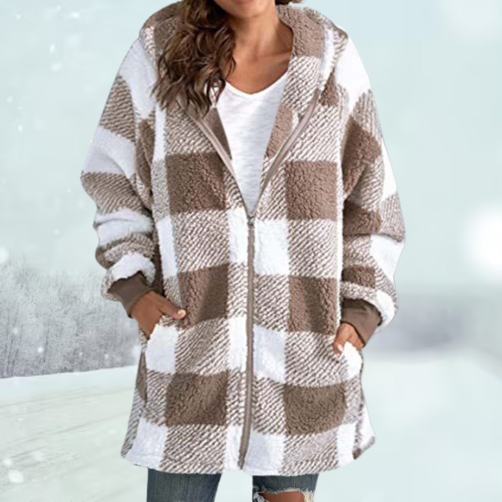 Winterjas - Geruite damesjas met capuchon en ritssluiting halflang fleecejack-Boutique Moda