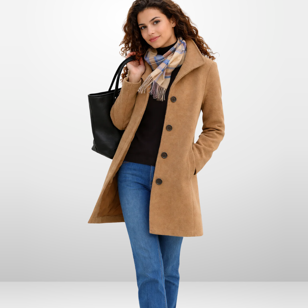Wollen trenchcoat dames in kaki, volledige lengte op een neutrale achtergrond