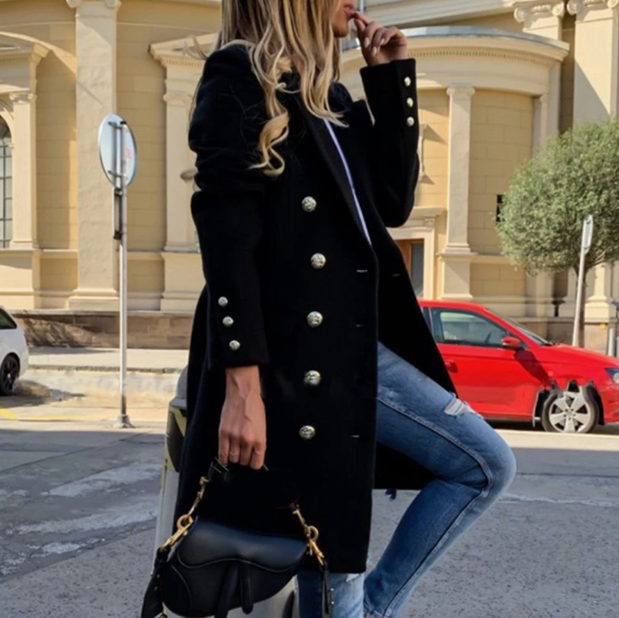 Wollen Trenchcoat - Wollen Damesjas met Dubbele Borst en Halflang Model-Boutique Moda