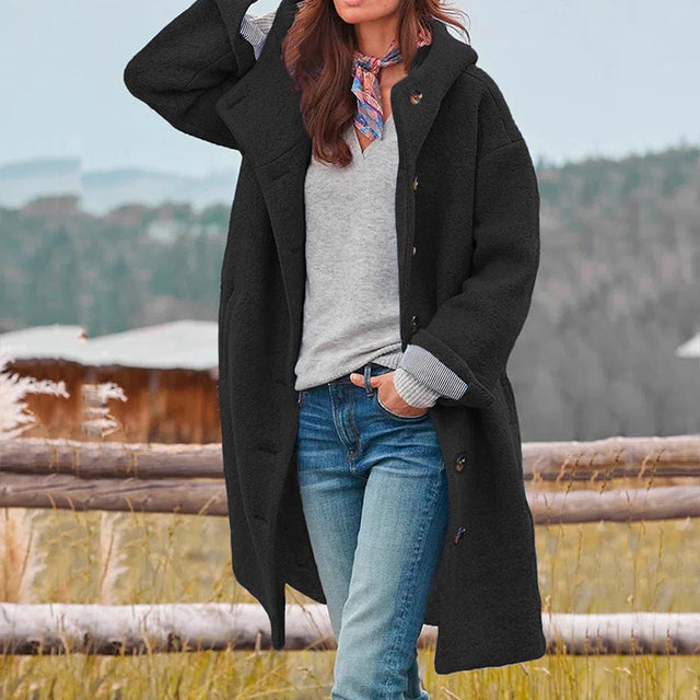 Wollen mantel - Dames winterjas van wol met één borst en capuchon-Boutique Moda