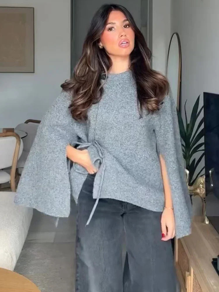 Wrap-trui - Grijs - Kantjes aan de zijkant - Gebreide trui - Damesvest-Boutique Moda