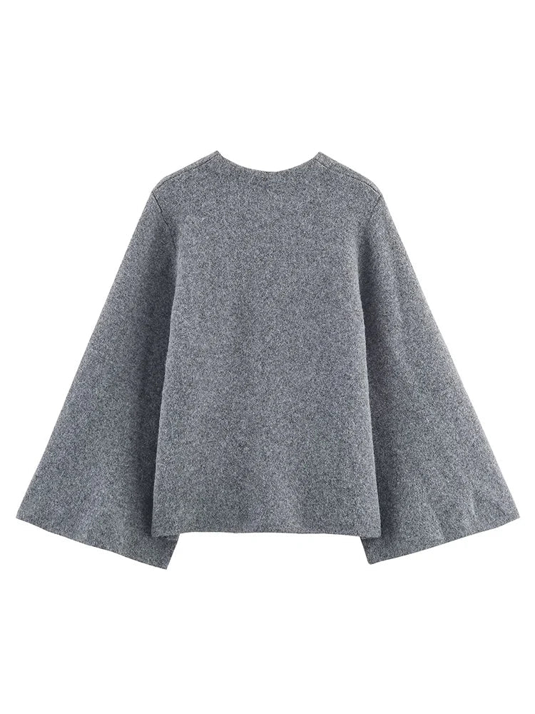 Wrap-trui - Grijs - Kantjes aan de zijkant - Gebreide trui - Damesvest-Boutique Moda