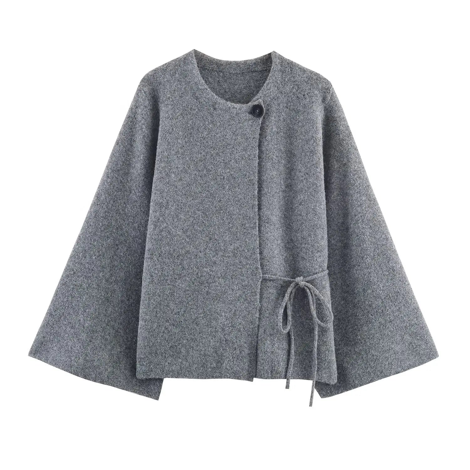 Wrap-trui - Grijs - Kantjes aan de zijkant - Gebreide trui - Damesvest-Boutique Moda