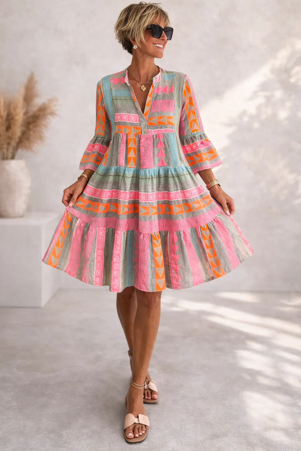 Zomerjurk | Kleurrijk | Korte mouwen | Knie-lengte | Casual jurk-Boutique Moda