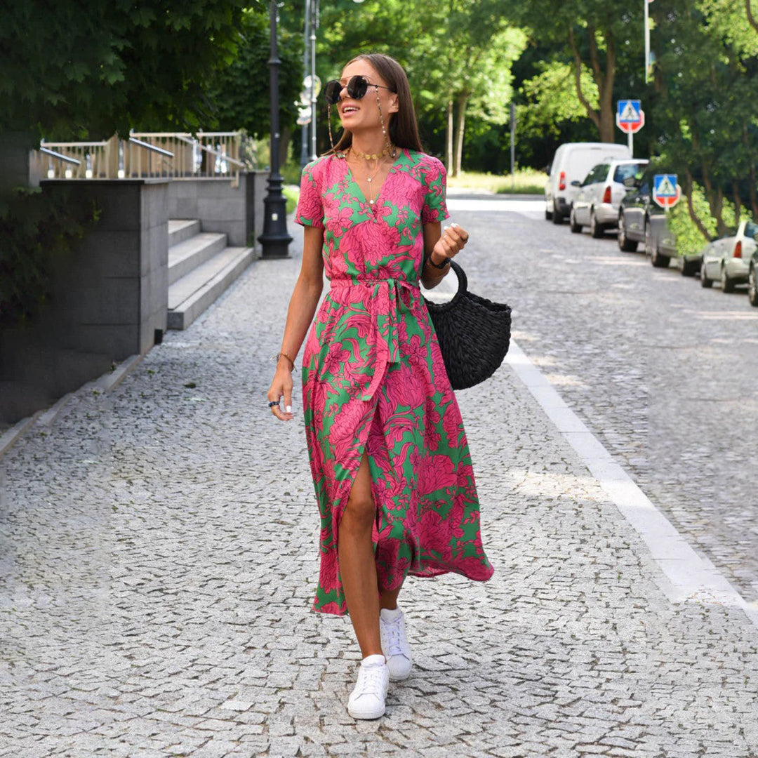 Zomerjurk - Korte Mouw V-Hals Wikkel Maxi Jurk-Boutique Moda