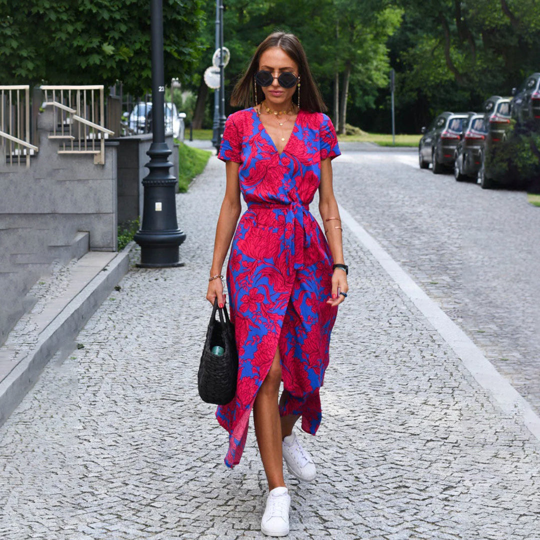 Zomerjurk - Korte Mouw V-Hals Wikkel Maxi Jurk-Boutique Moda