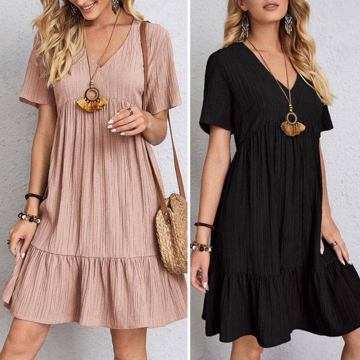 Zomerjurk | V-hals | Korte Mouw | A-lijn Jurk | Knielange Jurk-Boutique Moda