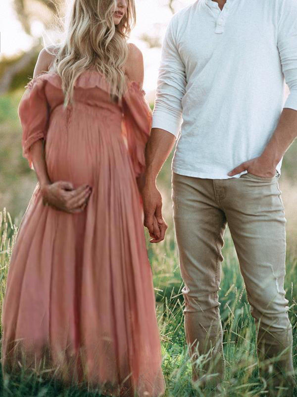 Zwangerschapsjurk Dames | Oudroze Off-Shoulder Maxi-jurk met Pofmouwen-Boutique Moda