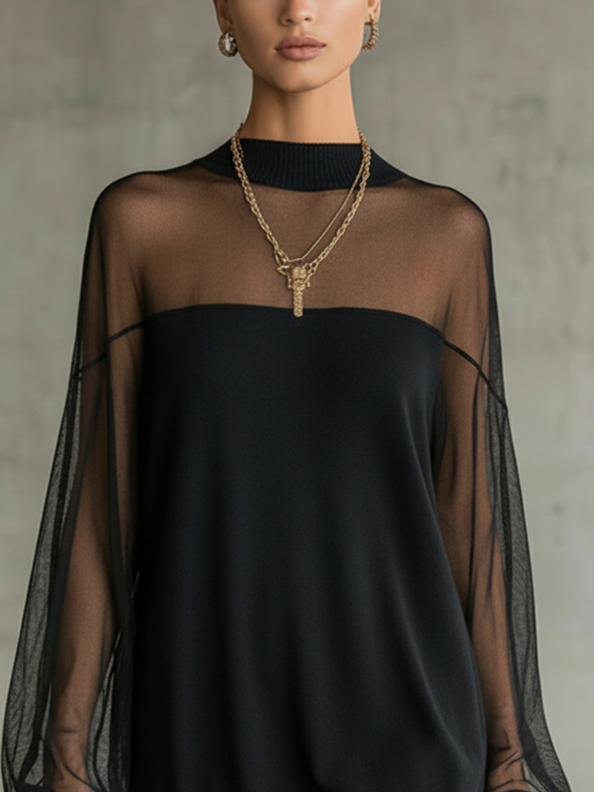 Zwarte jurk | Netstof mouwen | Losse pasvorm | Jurk met lange mouwen | Minijurk-Boutique Moda