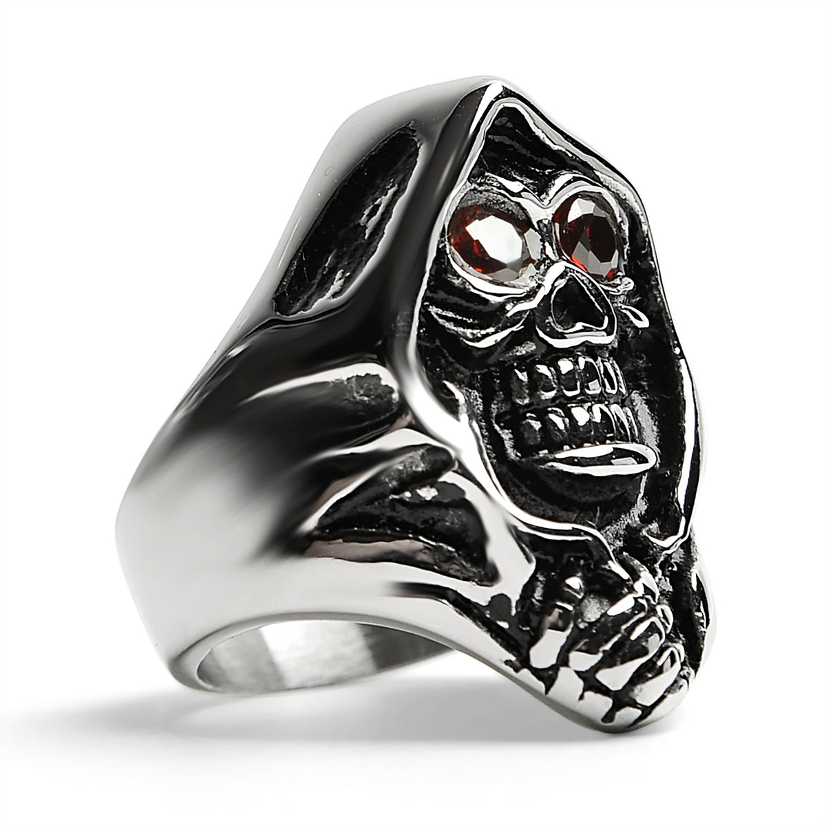 Zilverkleurige ring met doodskop en rode ogen, los liggend getoond | Boutique Moda