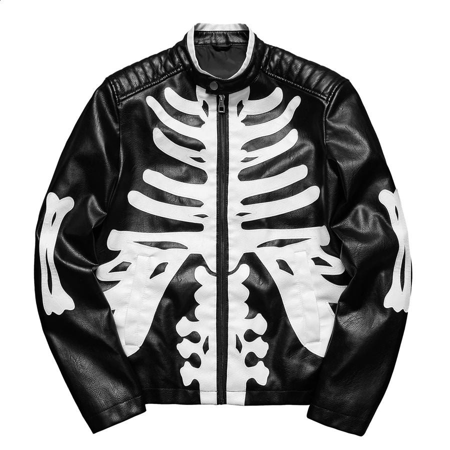 Zwarte bikerjack met wit skeletprint op borst en mouwen, plat uitgelicht | Boutique Moda