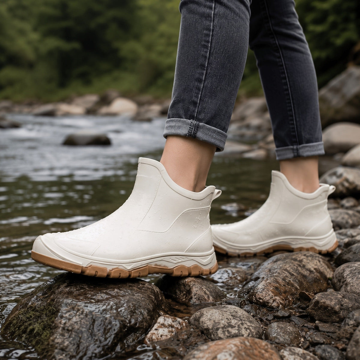 Crèmekleurige enkelhoge regenlaarzen met profielzool, gedragen bij rotsachtige rivieroever | Boutique Moda