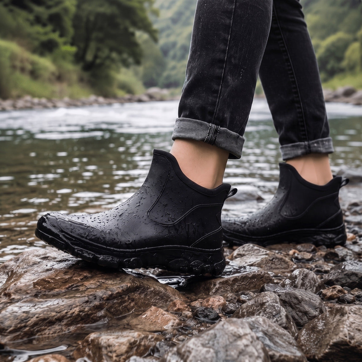 Zwarte enkellaarzen met profielzool, gedragen bij rivier op natte stenen | Boutique Moda