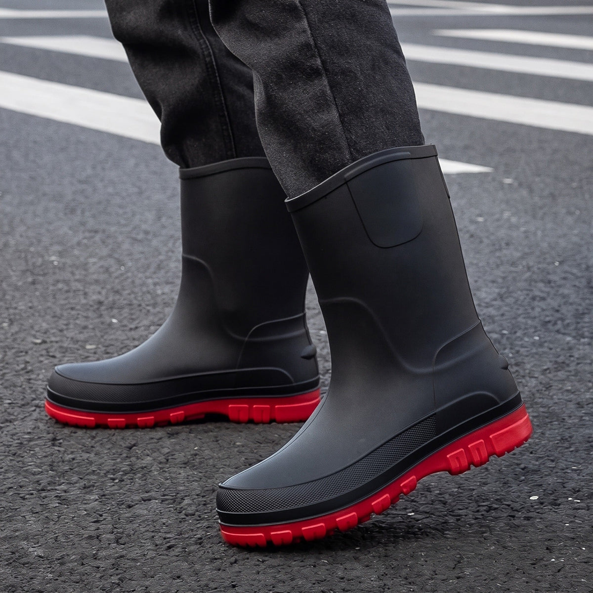 Zwarte halfhoge regenlaarzen met rode zool, gedragen door een persoon buiten | Boutique Moda