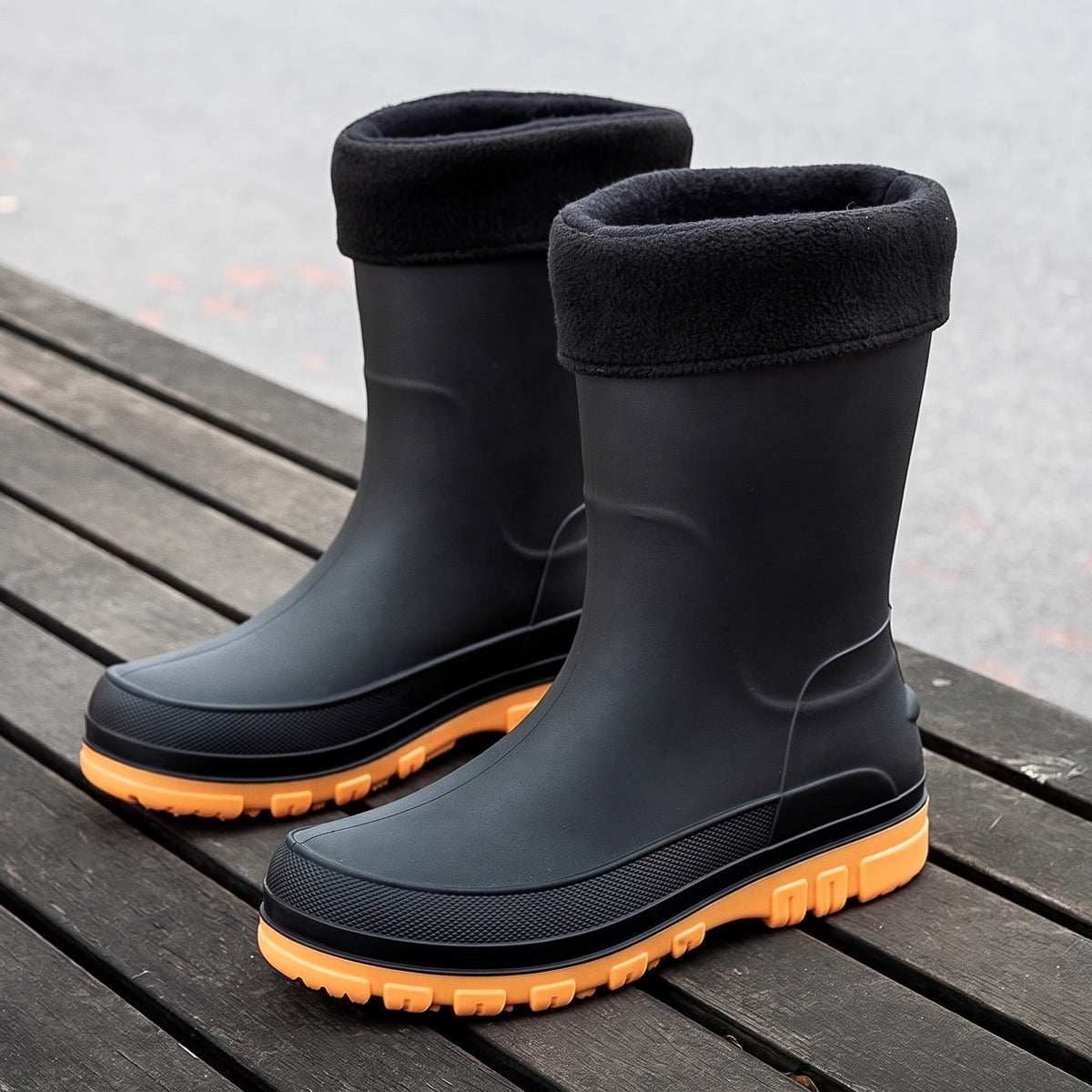 Zwarte halfhoge regenlaarzen met fleecemanchet en oranje zool, los staand | Boutique Moda