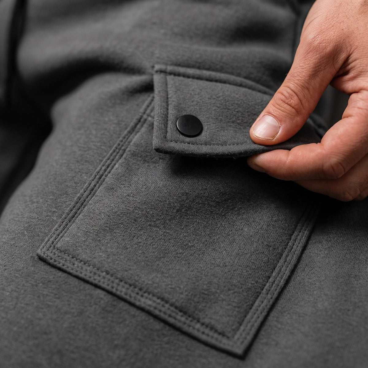 Close-up van grijze joggingbroek zak met drukknoop, gedragen door een persoon | Boutique Moda