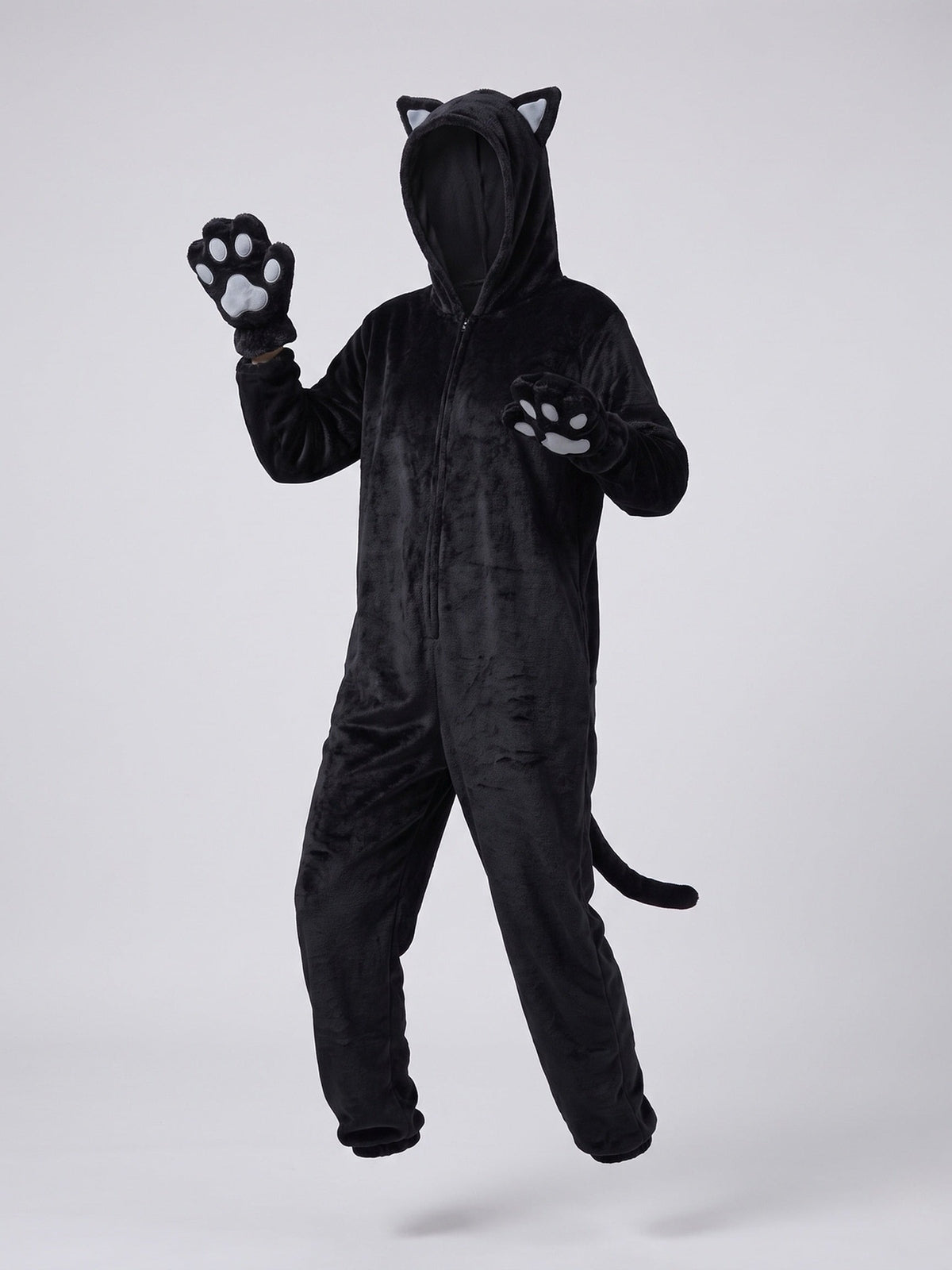 Zwart kattenkostuum met pootjeshandschoenen en staart